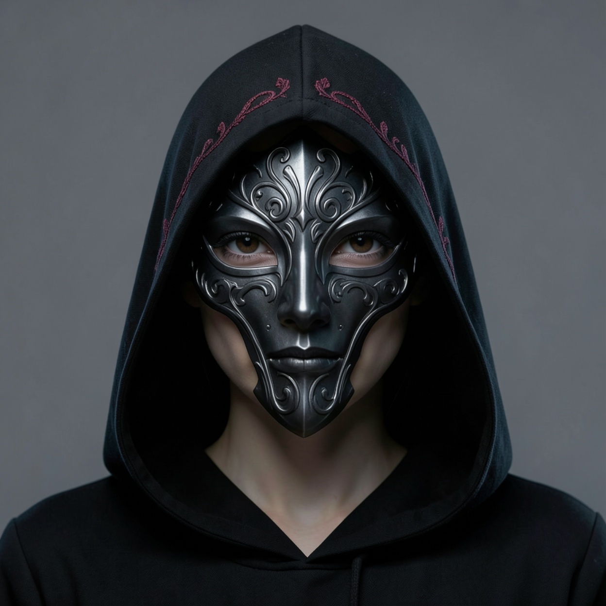 A woman in a black hood and ornate dark-metal mask, centered head-and-shoulders against a plain slate-gray studio background with burgundy hood embroidery and no smoke or candle