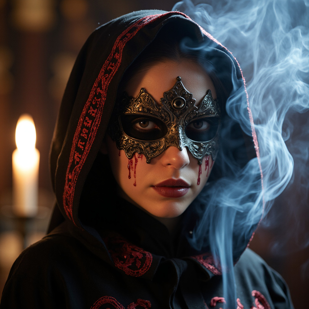 A woman in a black hooded cloak and engraved dark metal mask, her face centered with two faint red marks below the eyes, a small warm candle glow in the far-left background and pale blue-white smoke along the right edge