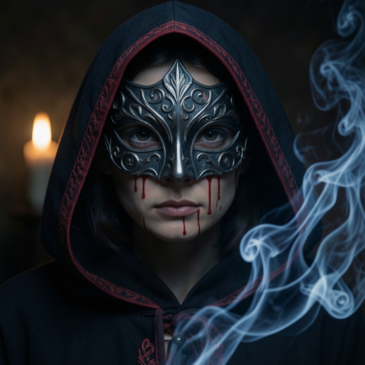 A woman in an ornate dark metal mask and black hood with red embroidered trim, warm candle bokeh on the left and glowing blue-white smoke curling across the right side of the mask