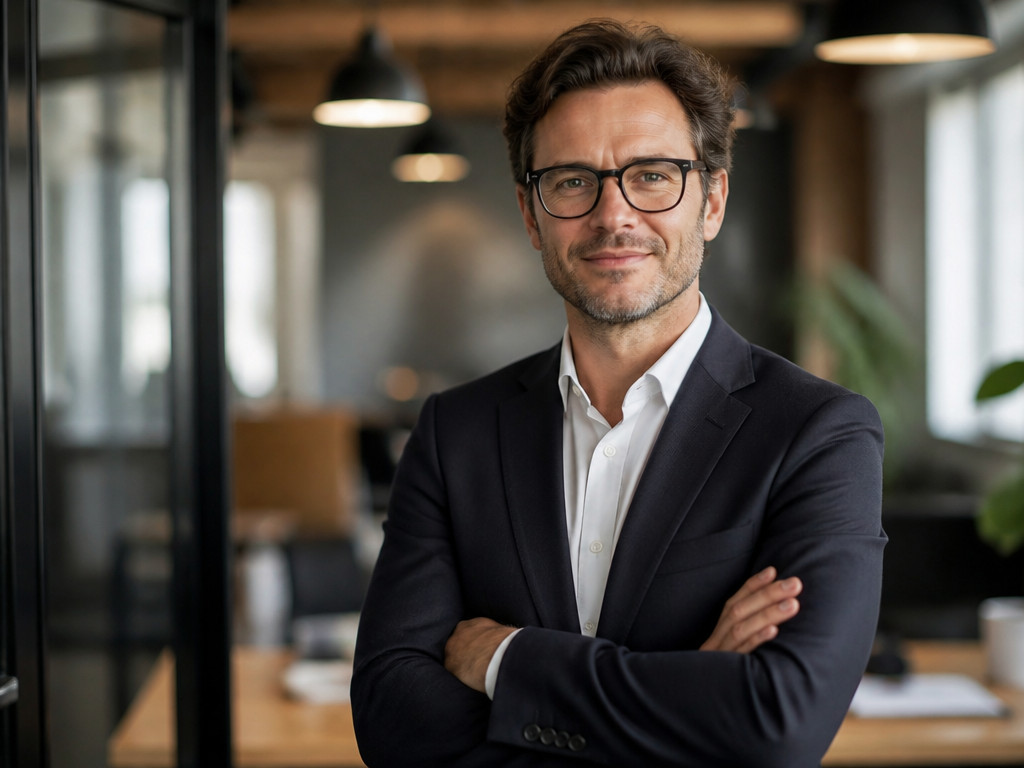 The entrepreneur in sharp focus against a softly blurred office background