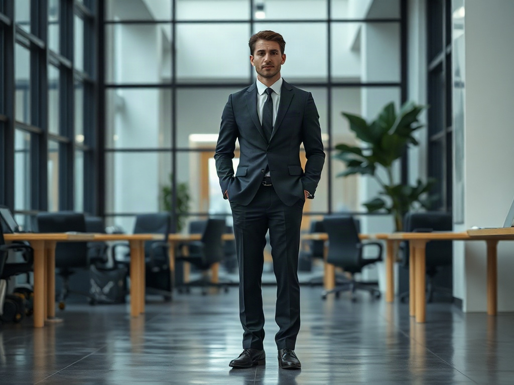 The same entrepreneur centered in the frame with balanced space on either side