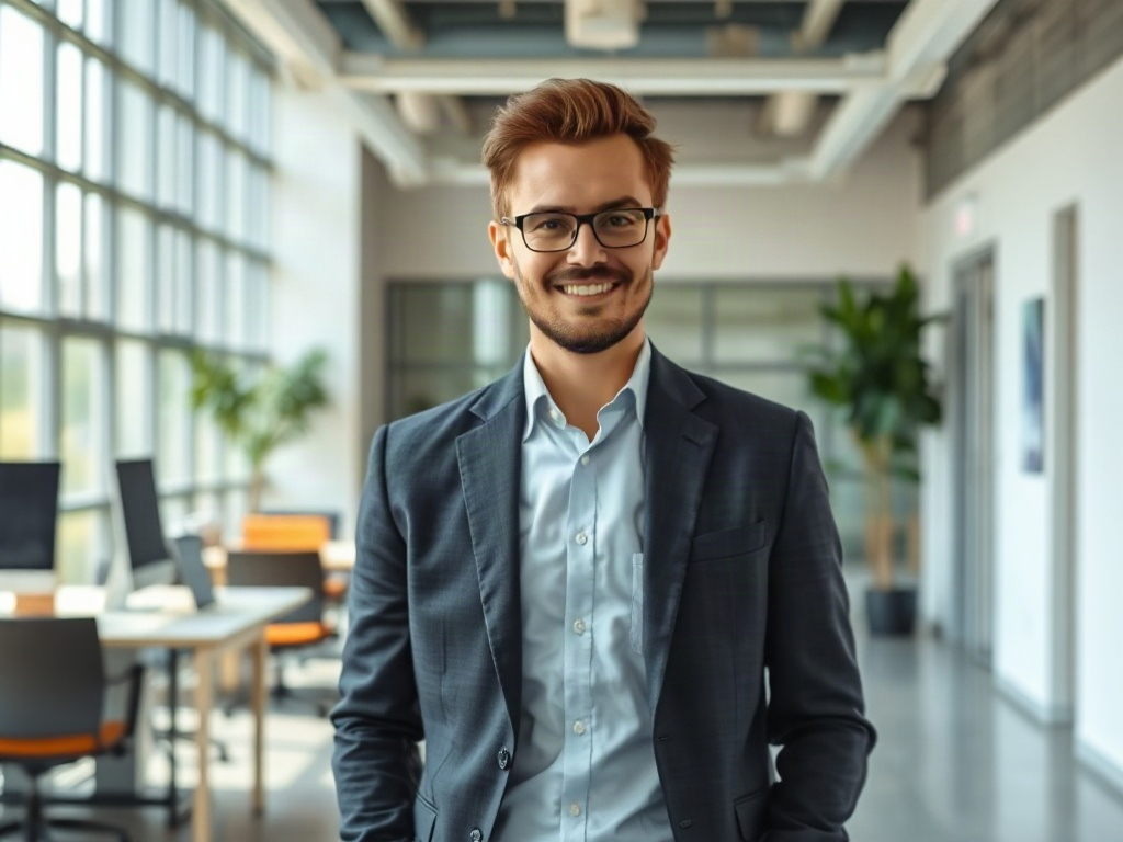 The entrepreneur in a spacious office with the room receding into the distance behind them