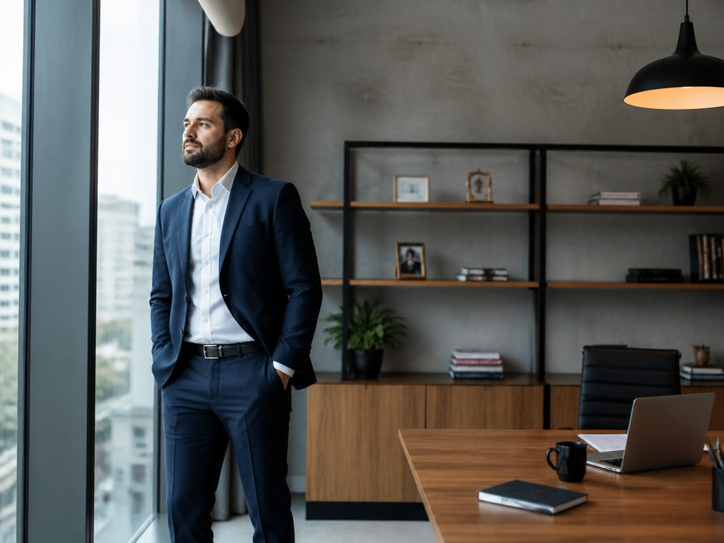 A wider portrait of the entrepreneur beside a large window with the desk and workspace visible