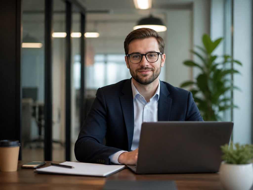 The entrepreneur photographed from behind the edge of a desk with subtle objects in the foreground
