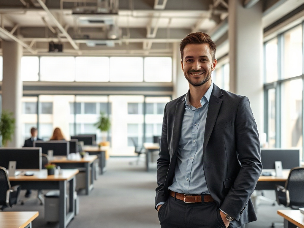 The entrepreneur indoors in a modern office with windows, desks, and architectural details around them