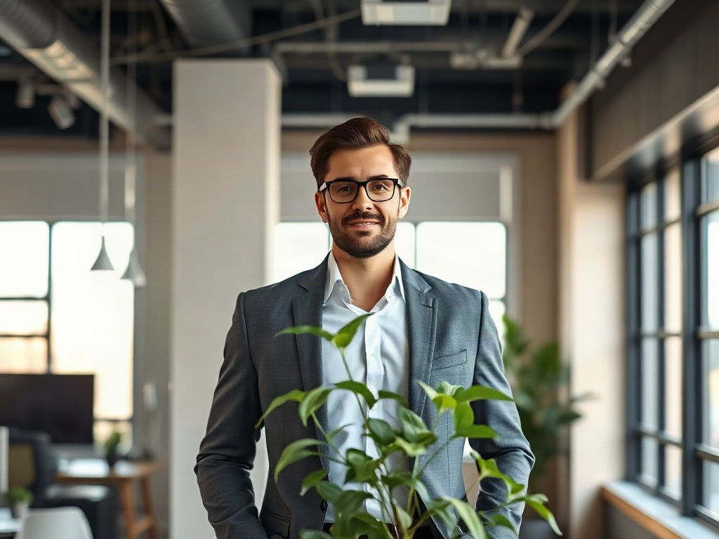 A plant in the foreground, the entrepreneur in the middle ground, and office windows behind