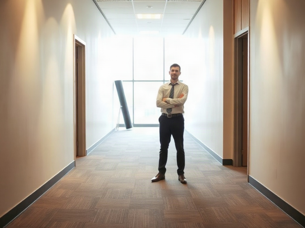 The entrepreneur in an office corridor with the walls and floor converging toward the subject