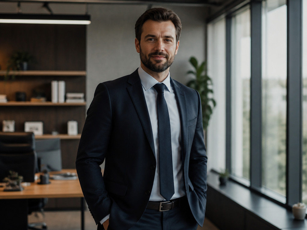 A professional entrepreneur in a dark business suit standing in a modern office with natural window light