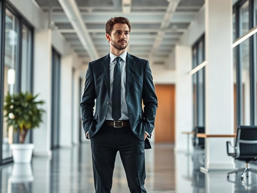 The entrepreneur on the right third of the frame, looking toward the open space on the left