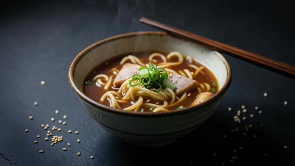A rustic ceramic bowl of steaming ramen on a dark slate background, lit by soft side light from the left with deep shadows