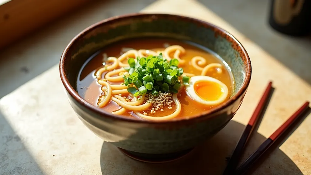 The same bowl of ramen on a light warm stone tabletop in soft natural window light, with green scallions and a clear golden broth