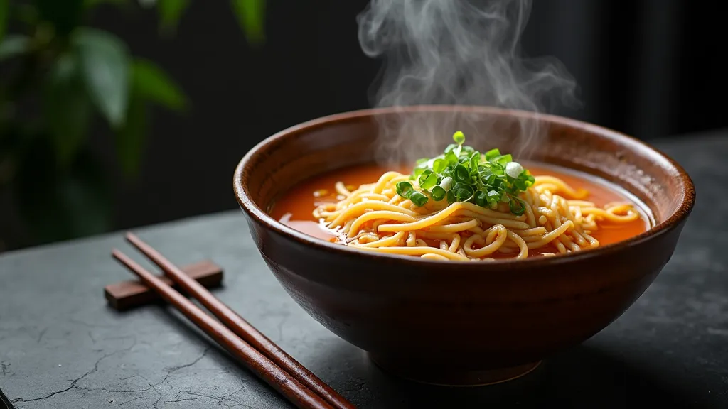 The bowl of ramen on the right third of the frame against a dark charcoal background, with clean space on the left for advertising copy