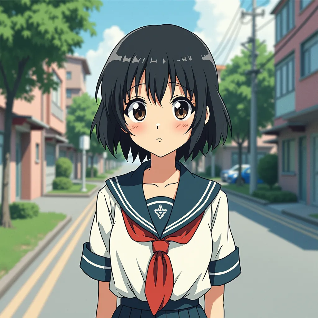 The same young woman on a quiet city street, drawn with hand-drawn 1990s anime styling: bold ink outlines, flat cel-shaded shadows, a limited palette, and a painted background
