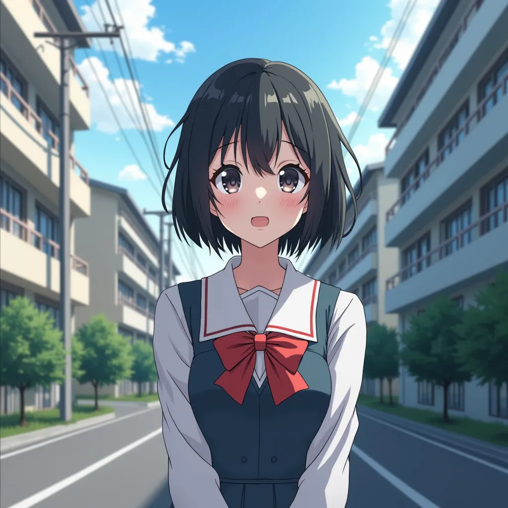A young woman with short black hair in a school uniform standing on a quiet street, rendered in a generic anime style
