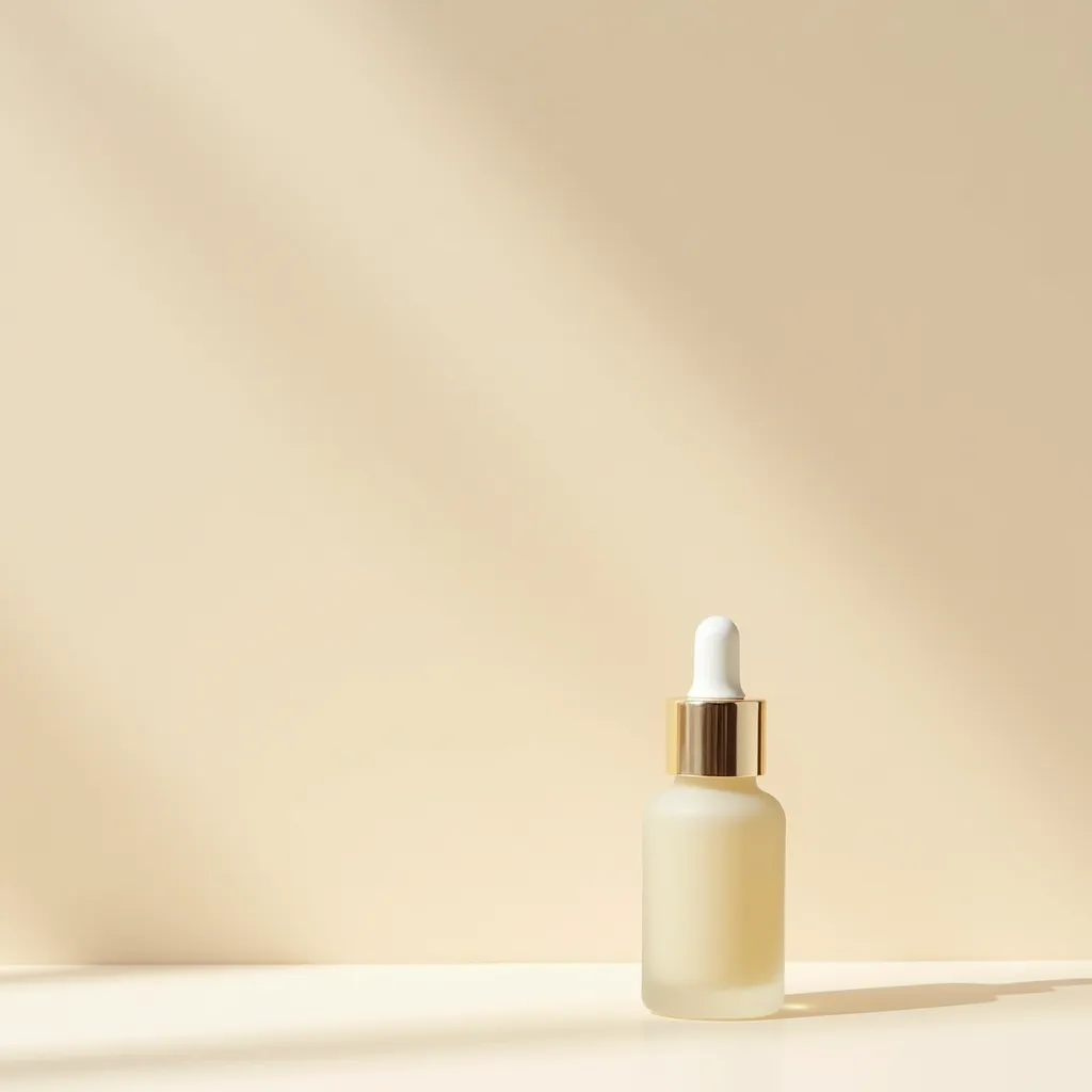 A clear glass serum bottle with a matte ivory label on a warm off-white surface, softly side-lit with controlled glass highlights and clean space on the left for advertising copy