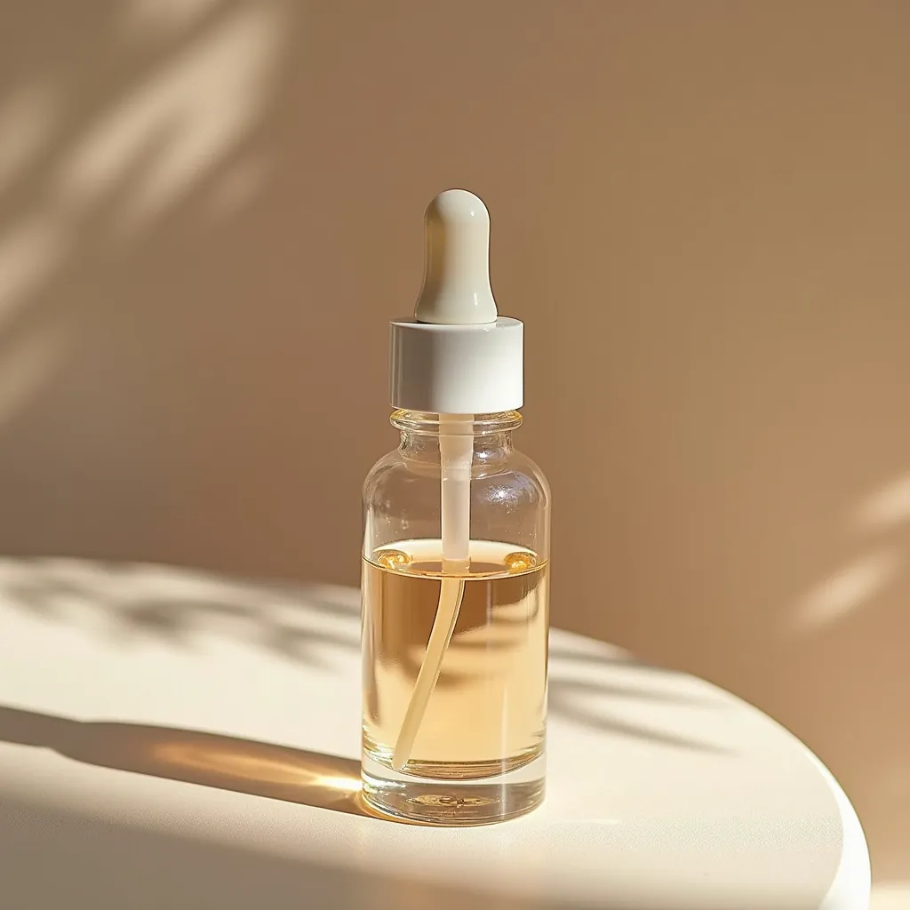 A glass skincare serum bottle on a table in a generic commercial product-photography style
