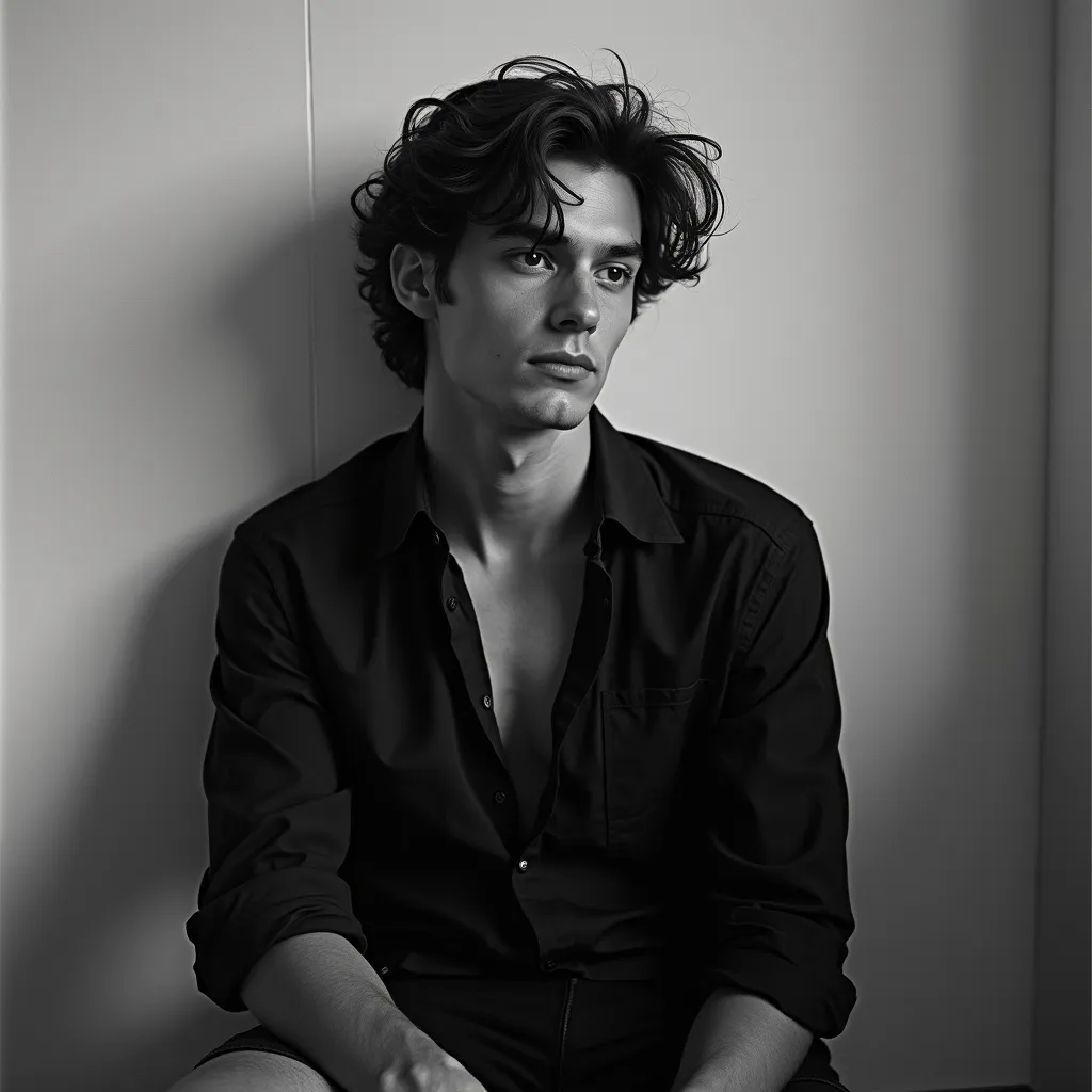 A young man with thick wavy hair in an open black shirt seated against a plain studio wall, lit from frame-left, in understated black-and-white editorial grading