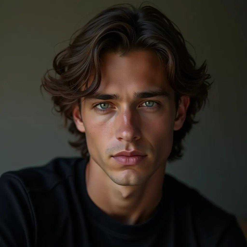 A young man with wavy hair in a black shirt, rendered as a generic photorealistic portrait