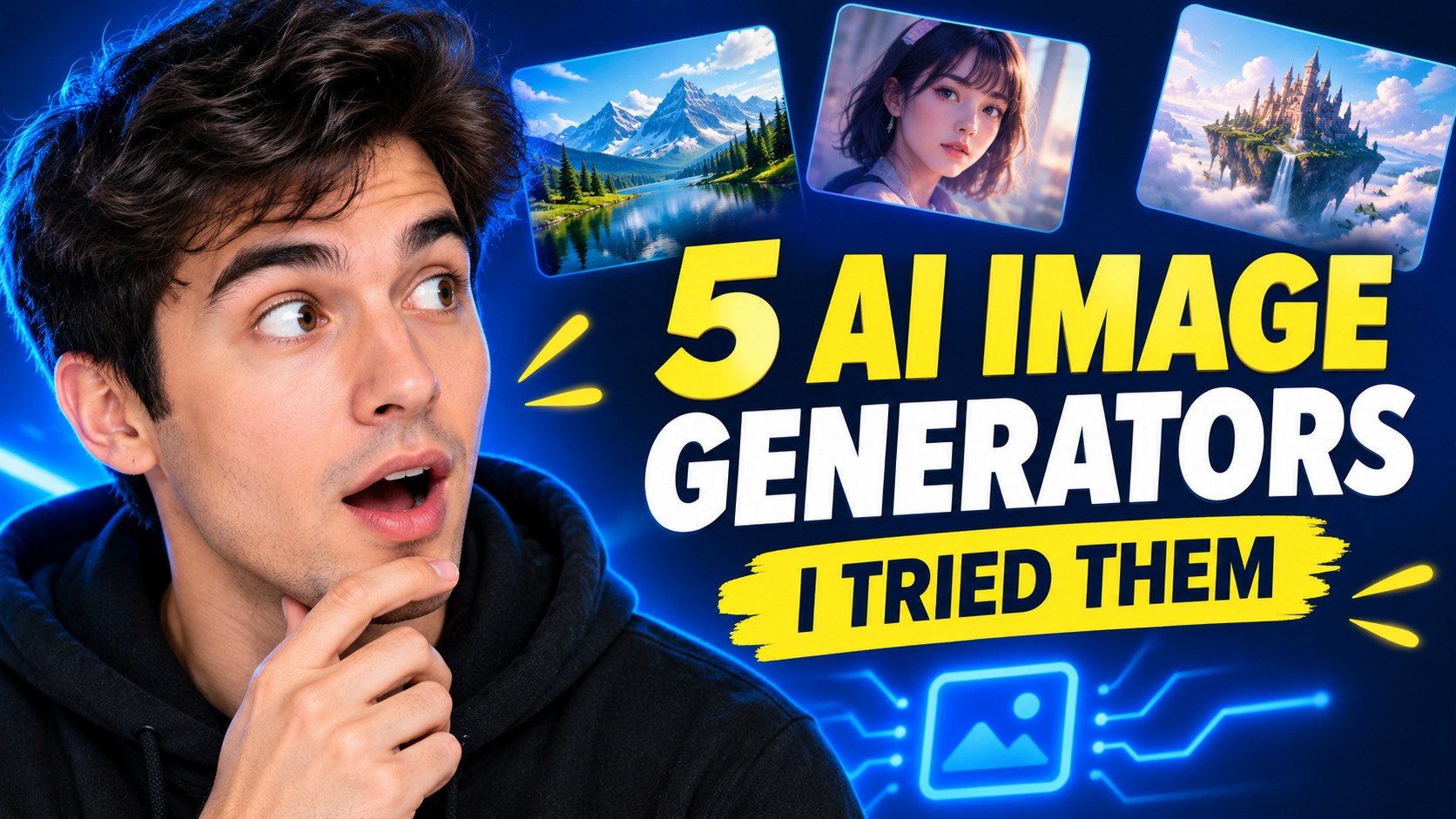 A young tech creator on the left with an intrigued expression against a deep navy background, with electric blue and yellow accents and the headline 5 AI IMAGE GENERATORS in bold uppercase lettering