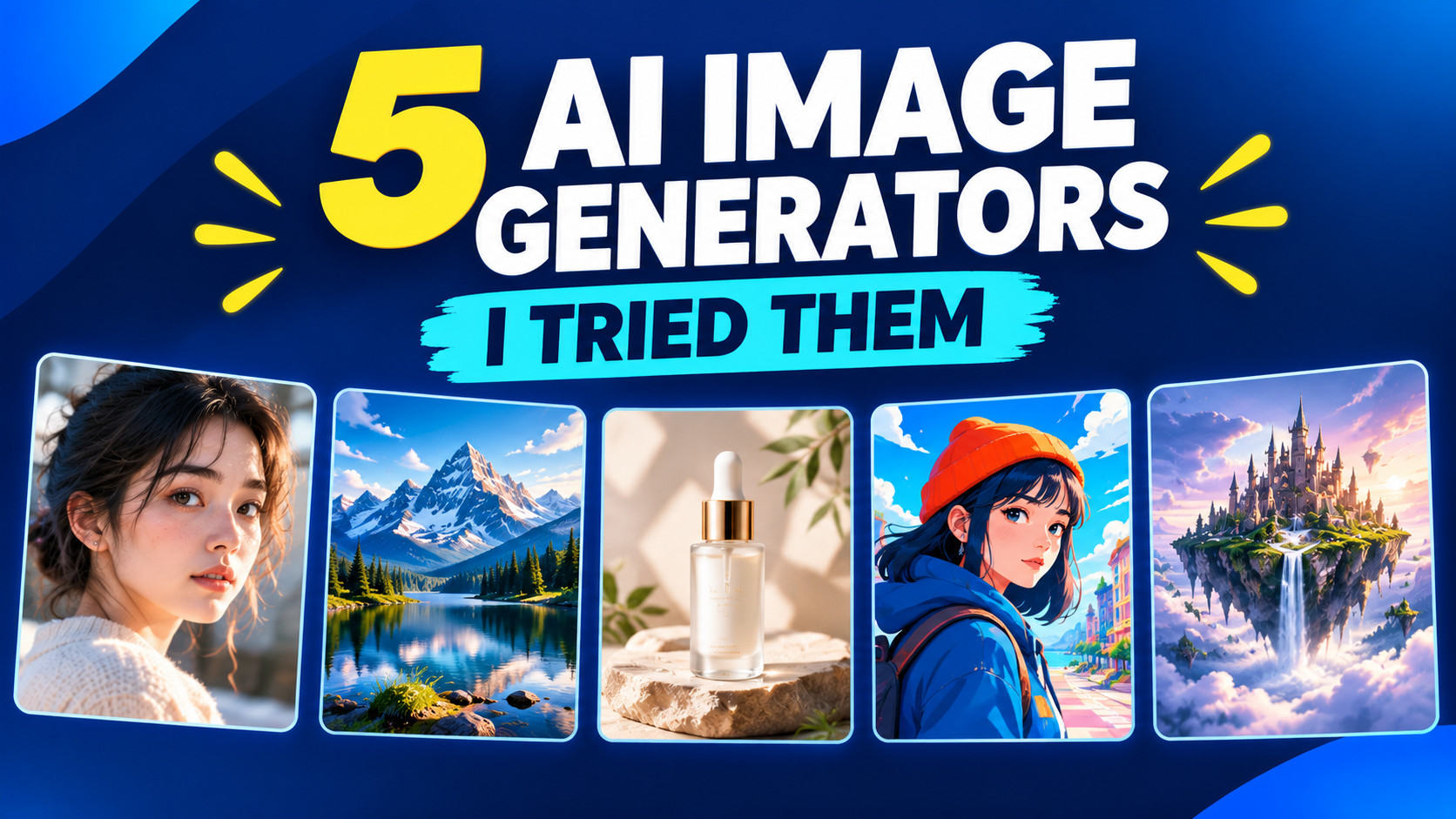 Five AI-generated image preview cards arranged around a large central 5 AI IMAGE GENERATORS headline in a navy, white, and cyan layout
