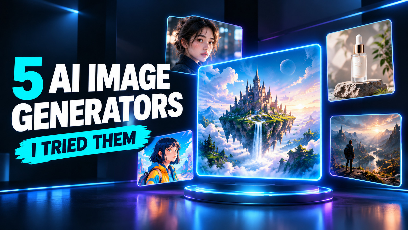A luminous central display of a fantasy landscape surrounded by floating image panels, with the headline 5 AI IMAGE GENERATORS on the left in bright white lettering